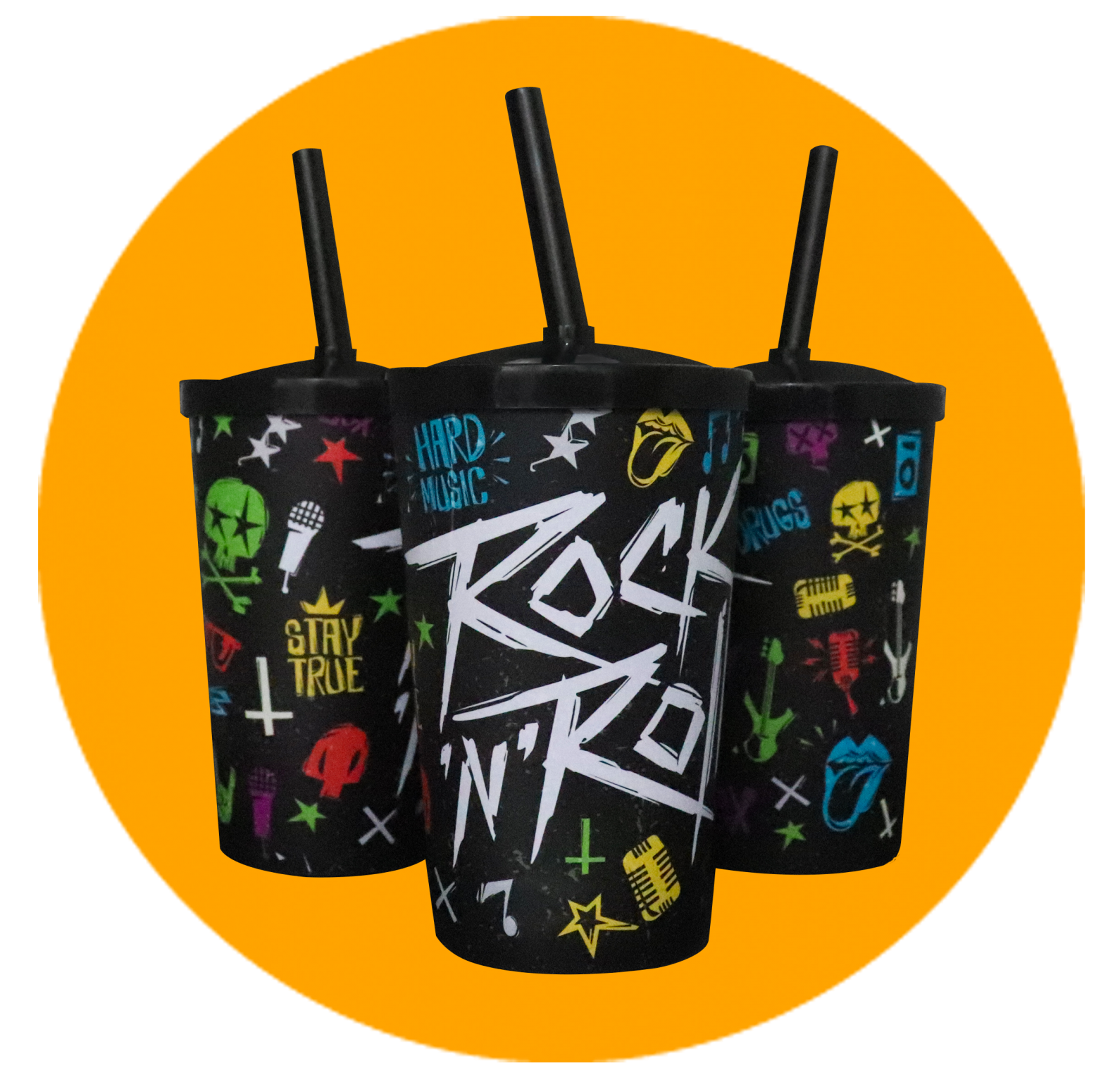 Copo Label 550ml c/tampa e canudo - Rock n Roll - Copo personalizado Label 550ml c/tampa e canudo
