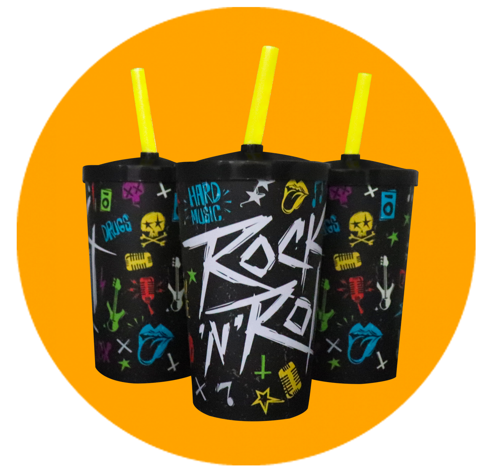 Copo Label 550ml c/tampa e canudo - Rock n Roll