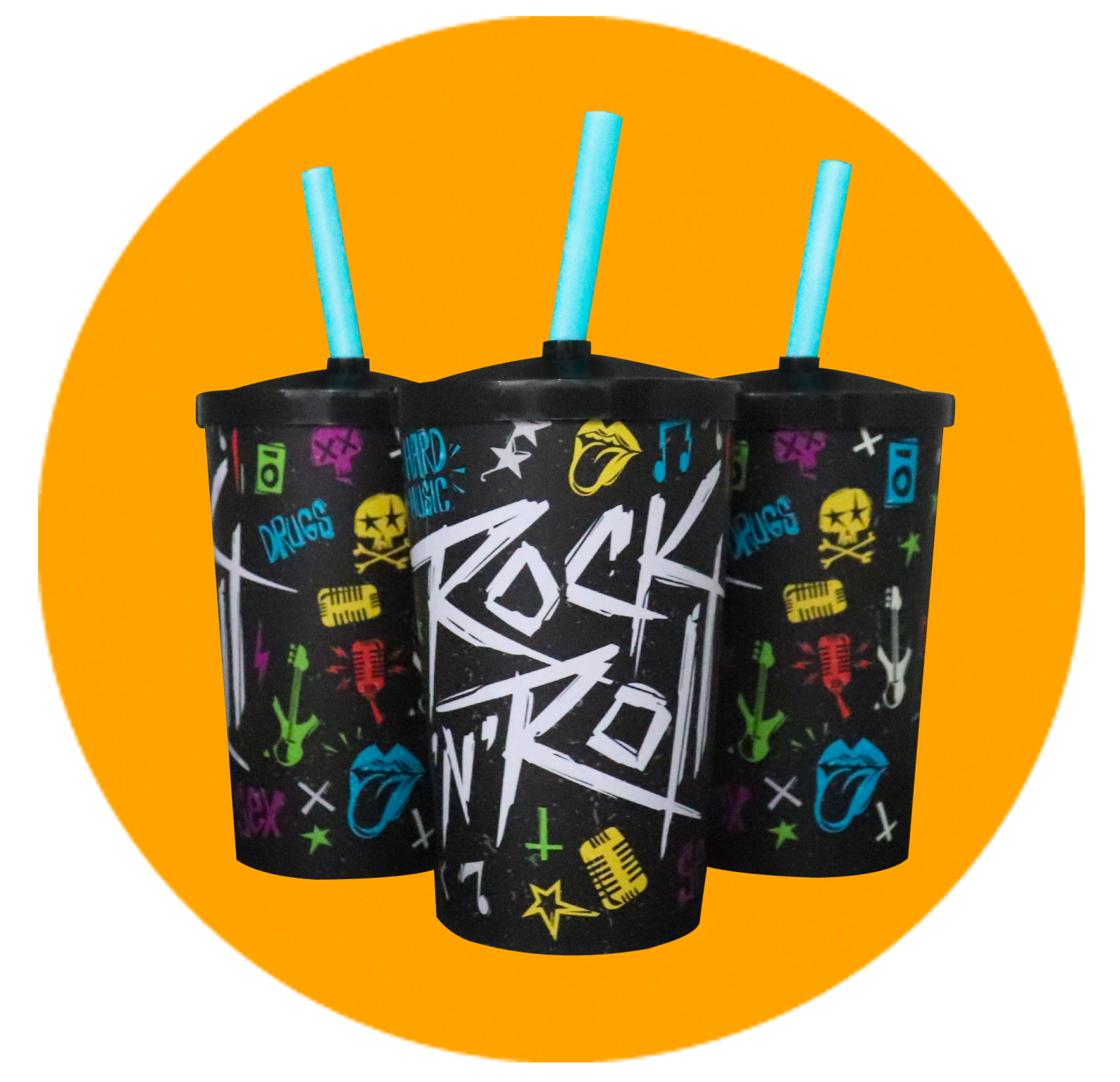 Copo Label 550ml c/tampa e canudo - Rock n Roll