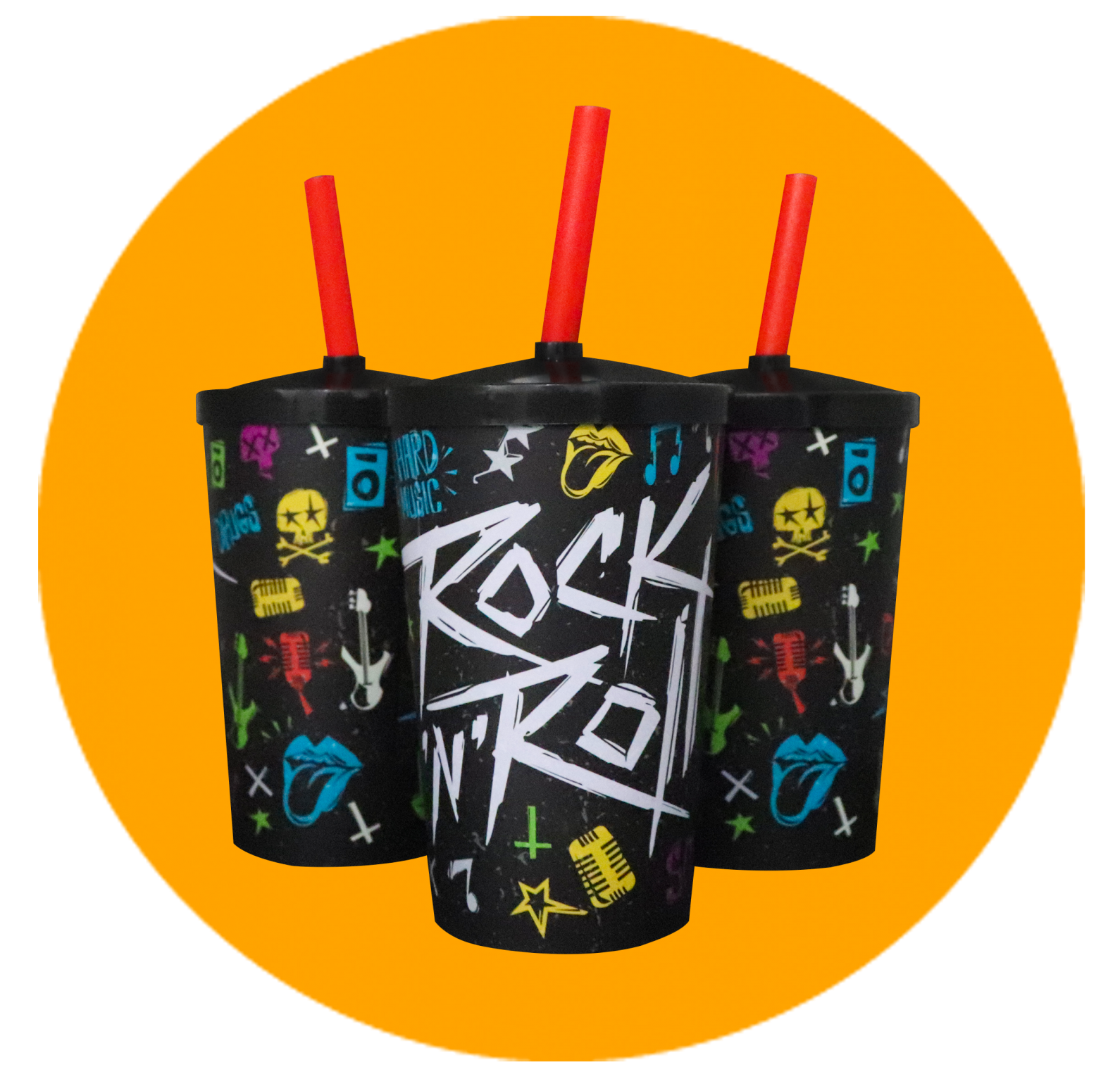Copo Label 550ml c/tampa e canudo - Rock n Roll