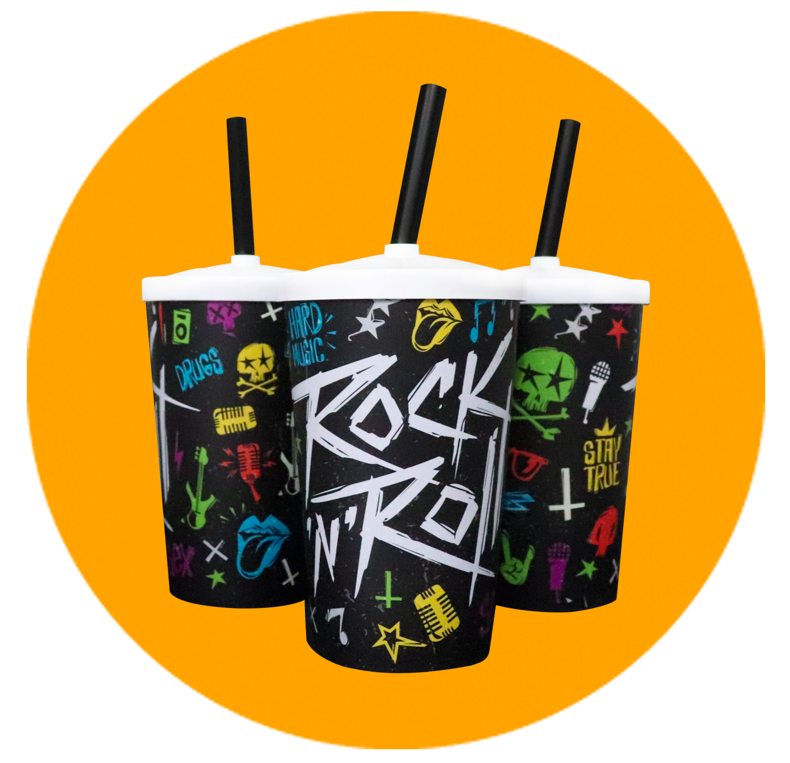Copo Label 550ml c/tampa e canudo - Rock n Roll