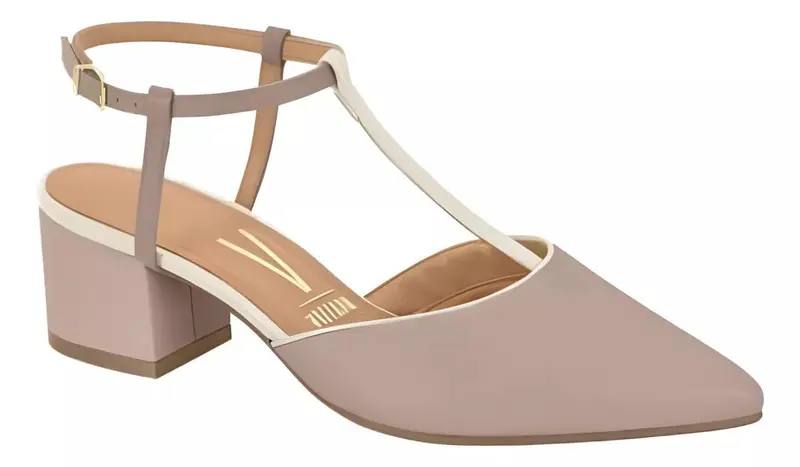 Scarpin Vizzano Salto Bloco Bico Fino Com Fecho 1220.363 Taupe / BrancoOff