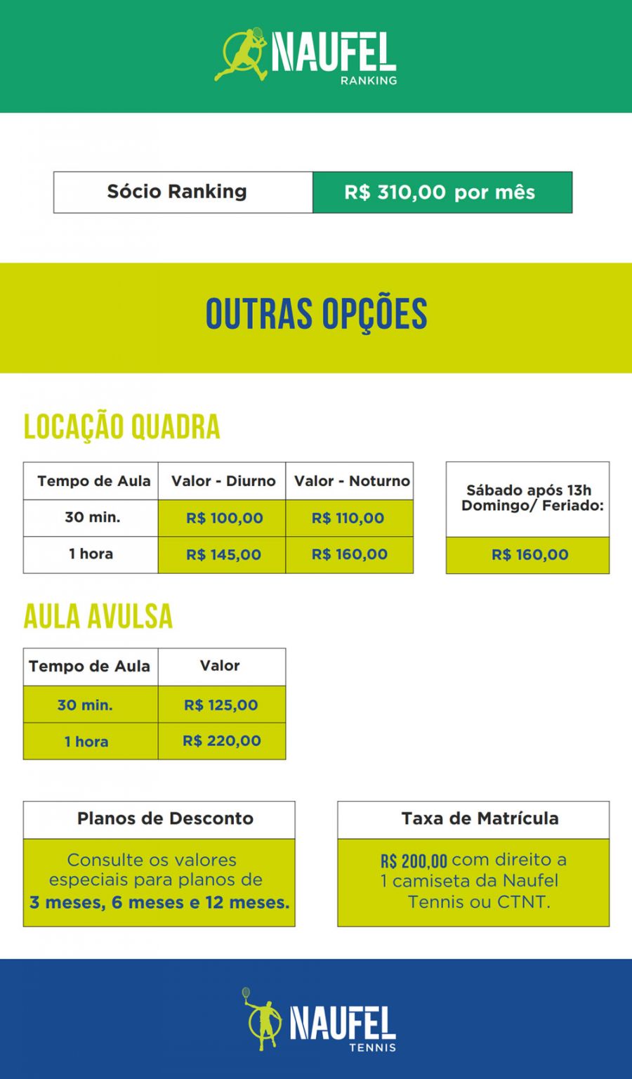 Tabela de preos - Centro de Treinamento de Tnis Naufel Tennis
