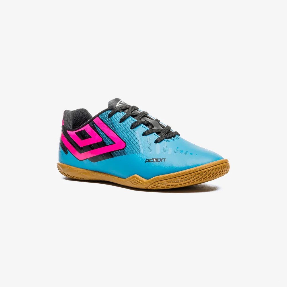 Chuteira Futsal Infantil Umbro Action Jr - Azul/ Preto/ Rosa