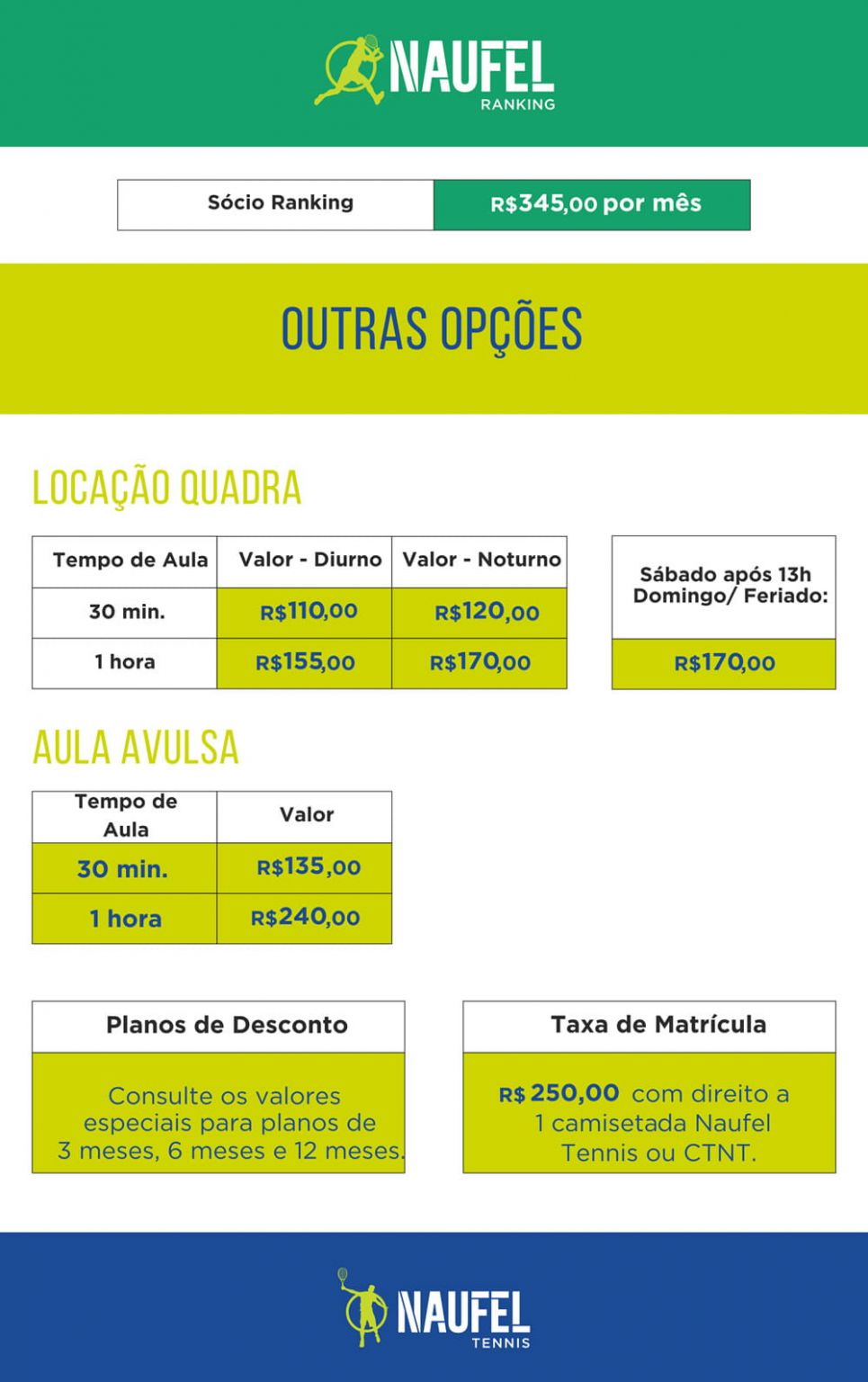 Tabela de pre�os - Centro de Treinamento de T�nis Naufel Tennis