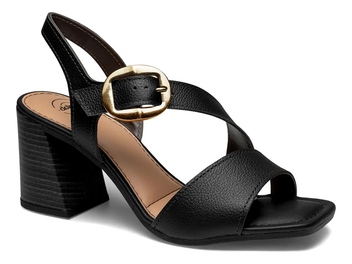 Sand�lia Dakota Db162 Em Couro, Salto Bloco - Preto